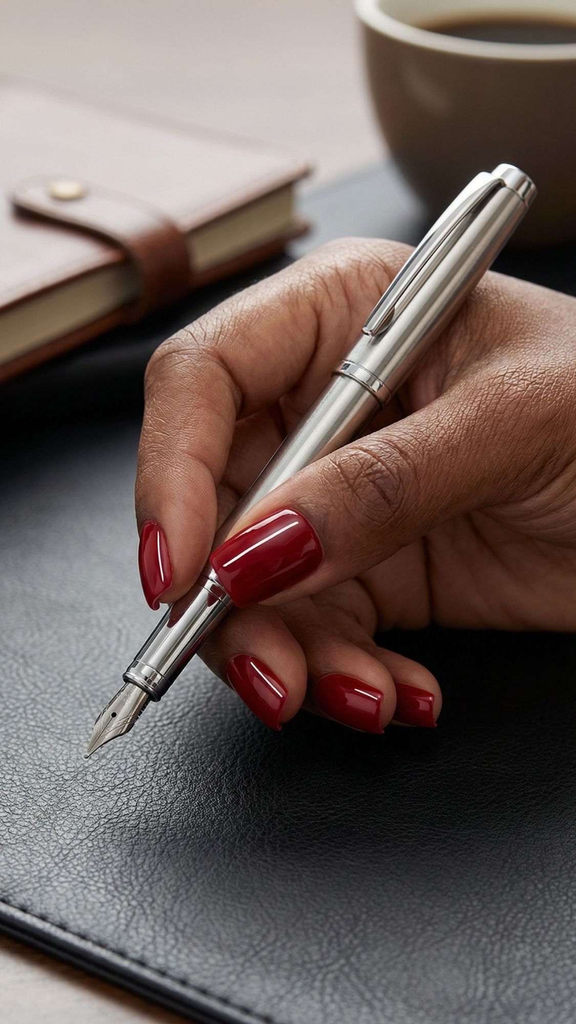 A hand with elegant red nails holds a silver fountain pen above a black leather surface; a notebook and a cup of coffee are blurred in the background.
