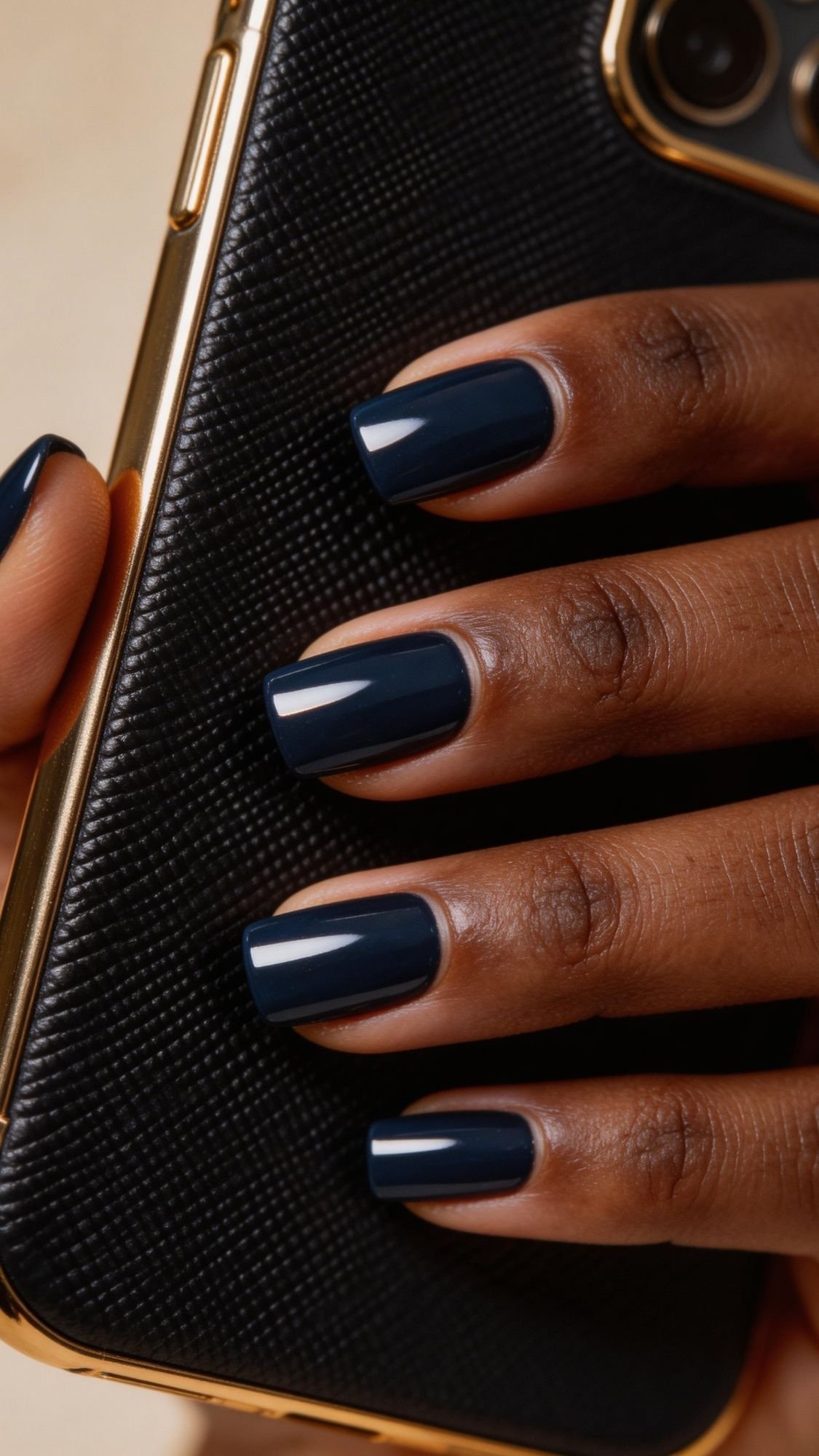 A hand with dark blue glossy chic nails holds a black textured phone with gold accents. The neatly manicured, professional nails complement the close-up shot, capturing a sophisticated and polished look.