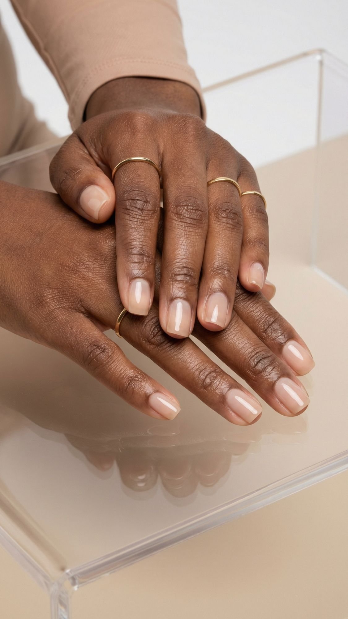 Two hands with a light pink nude manicure and gold rings rest gently on a clear surface against a beige background—perfect wedding guest nails that match any dress.