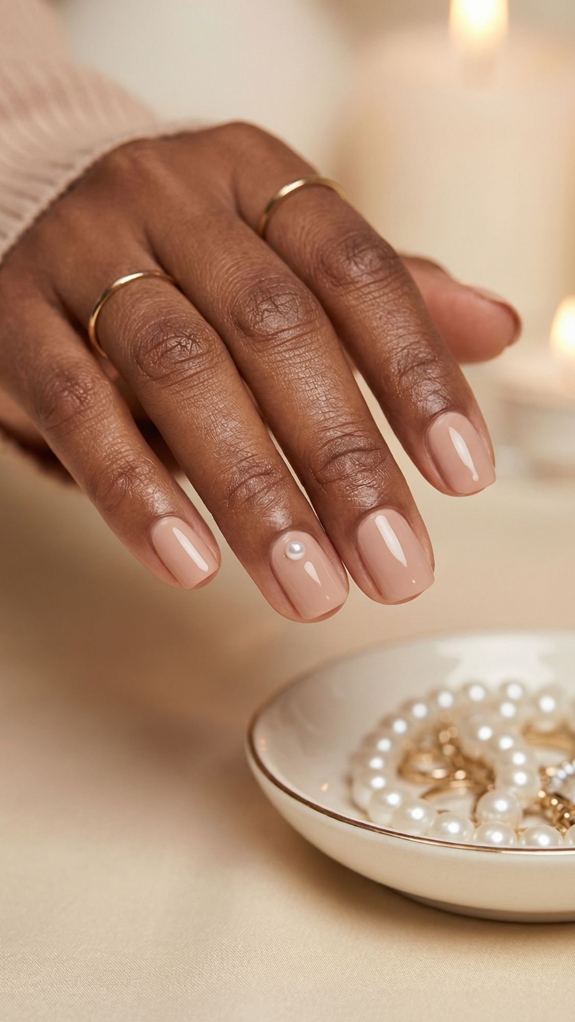 A hand with nude, glossy manicured nails—perfect wedding guest nails—features a small pearl accent on the ring finger. The person wears thin gold rings. Nearby is a dish with pearl jewelry and blurred candles in the background.
