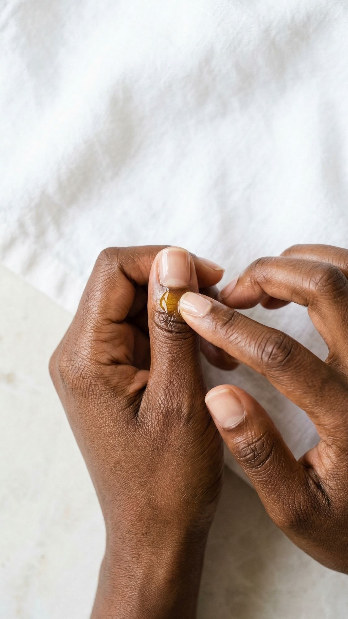 A person with clean girl nails gently uses their fingers to apply ointment or gel to a cut on their thumb, with a white fabric background visible.