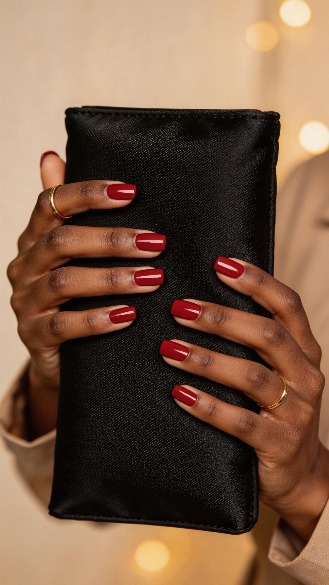 A person with neatly manicured red wedding guest nails and gold rings holds a black textured clutch. The background features warm, out-of-focus lights, creating a cozy and elegant atmosphere.