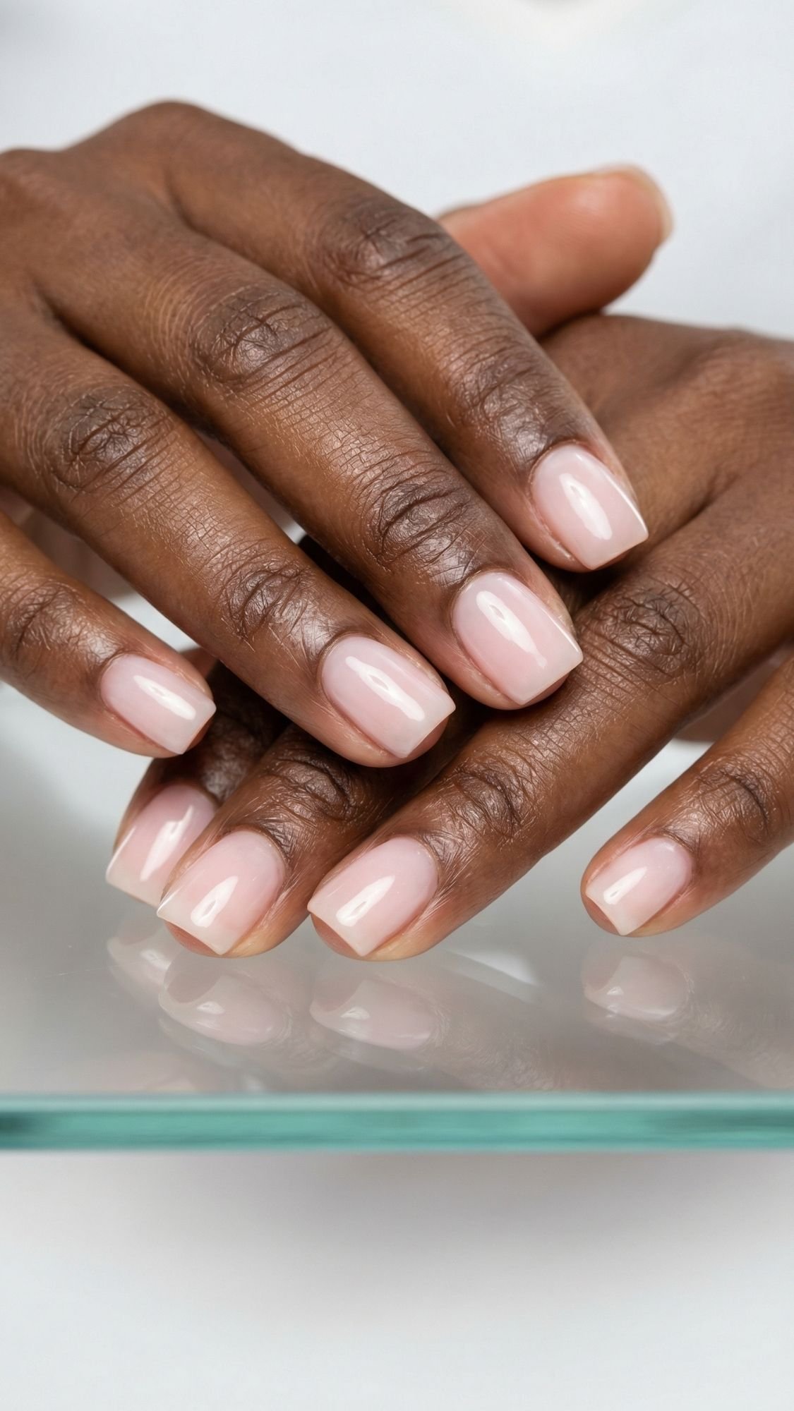 Close-up of two hands with neatly manicured, professional nails polished in a light, glossy nude color, resting gently on top of each other on a glass surface.