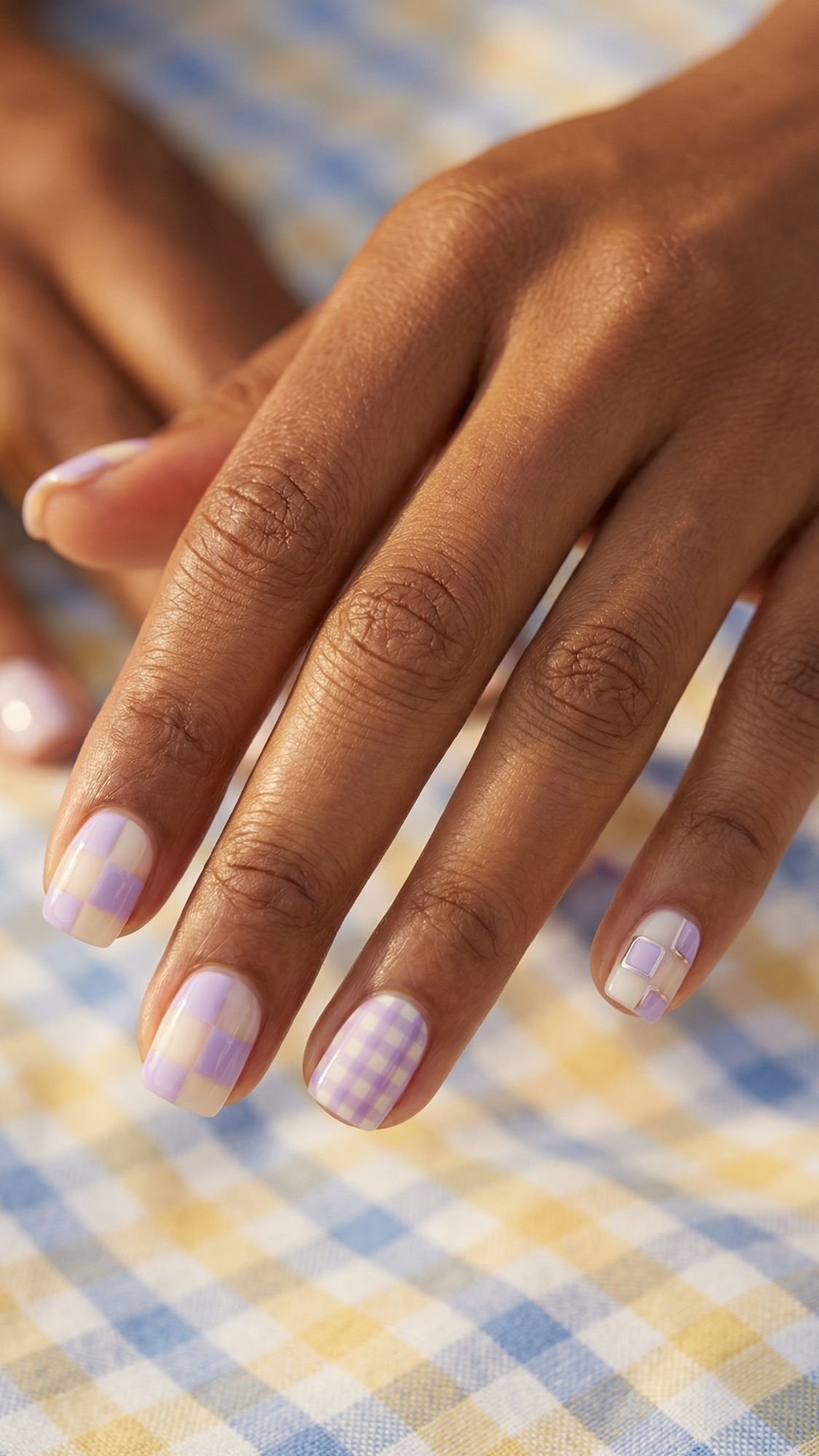 A close-up of a hand with manicured nails featuring pastel purple and white checkered and striped patterns, perfect for summer nails, placed on a blue, white, and yellow checkered fabric background.