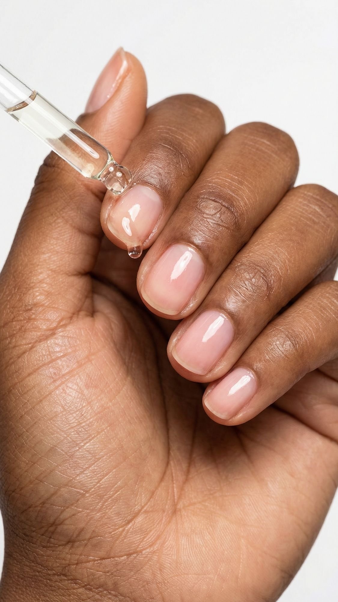 A hand with neatly manicured, short nails receives a drop of cuticle oil from a glass dropper against a plain white background.