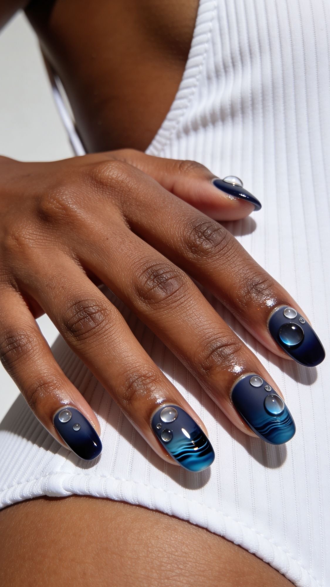 A hand with dark blue, glossy brunch nails featuring silver bead accents and wavy blue line designs, resting on a white ribbed fabric background.