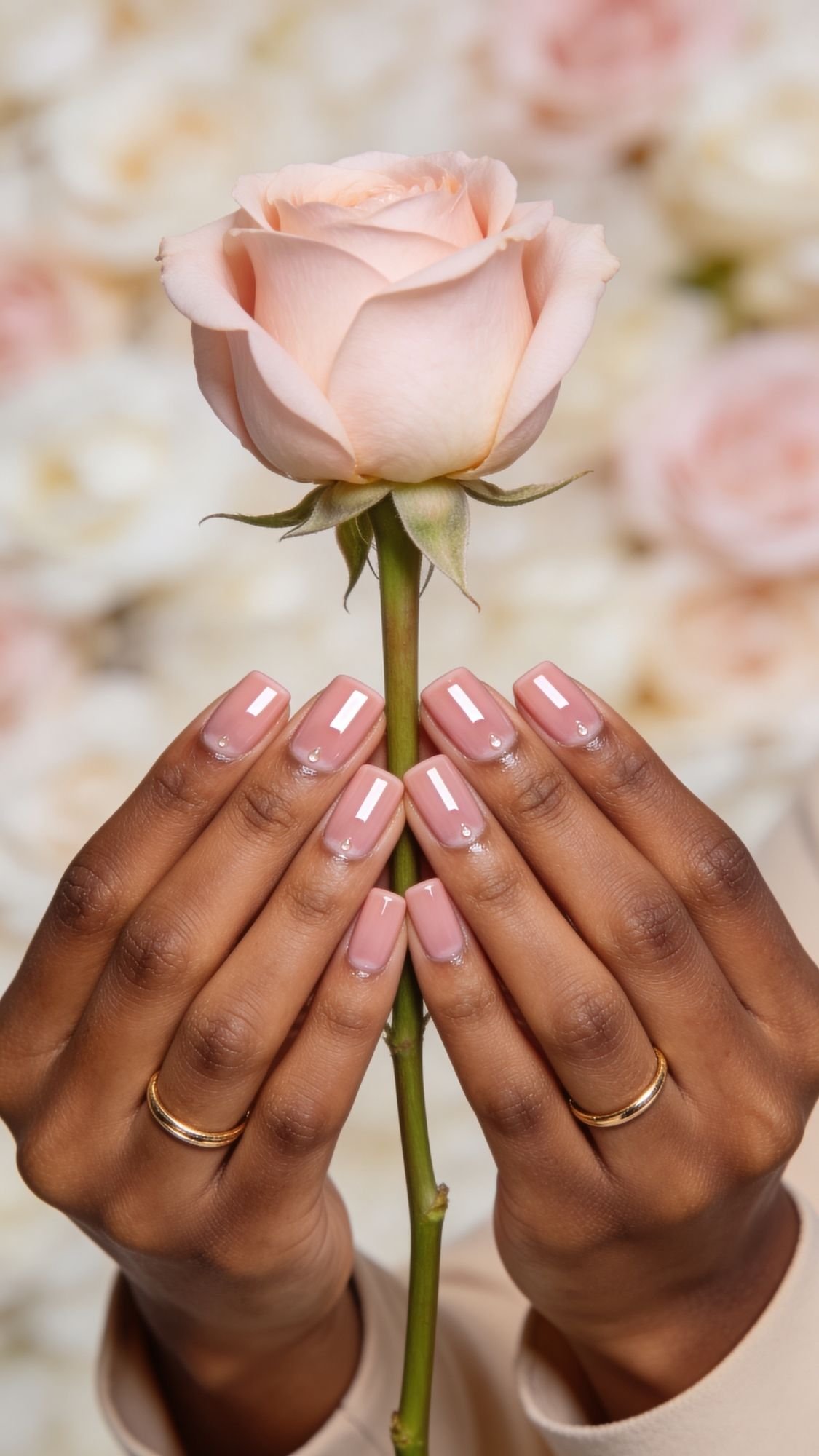 Close-up of hands with nude pink, glossy wedding nails holding a pale pink rose, gold rings on the fingers, and a soft, blurred floral background—perfect inspiration for elegant wedding guest nails.
