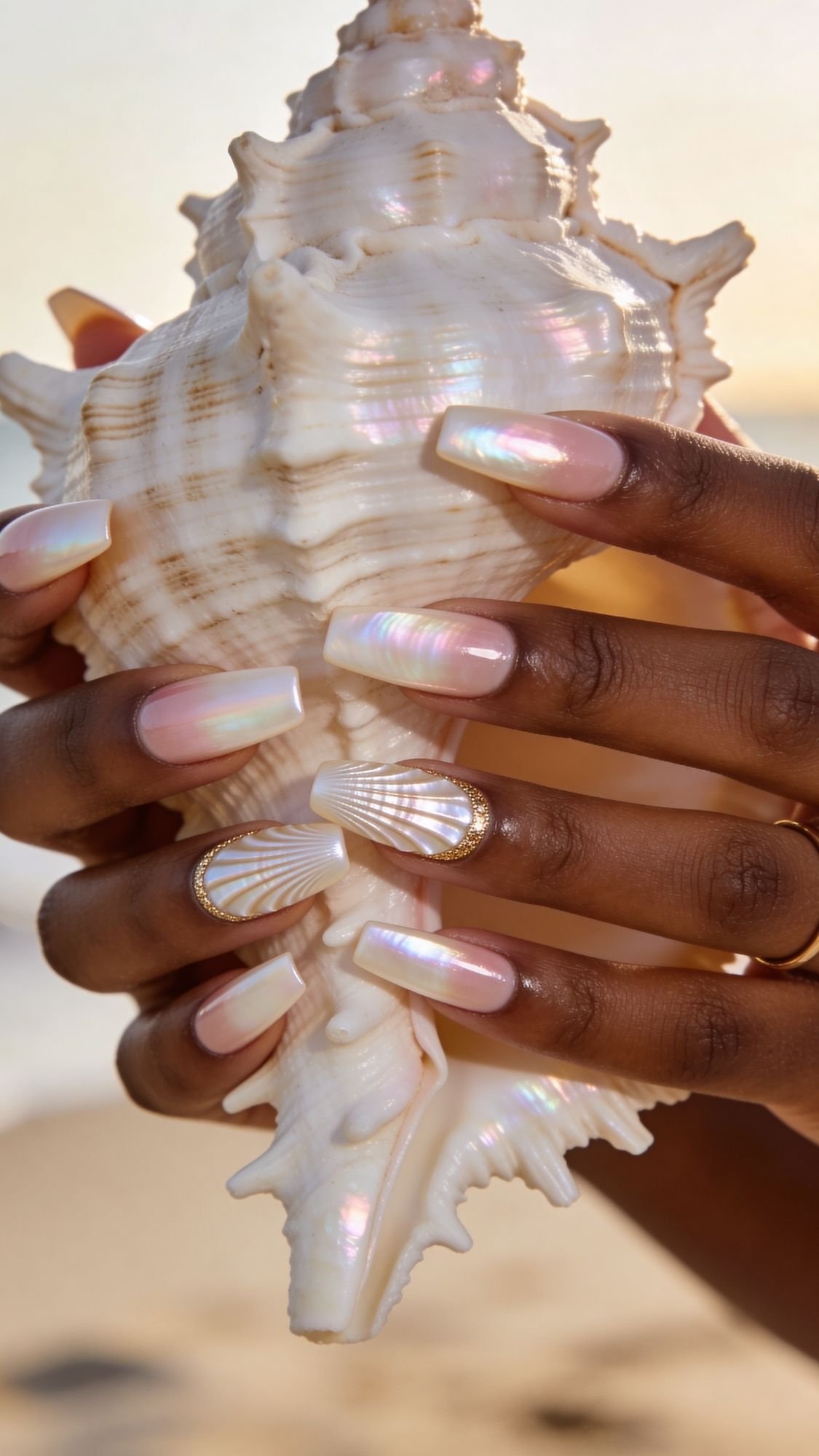 Close-up of hands with iridescent beach nails holding a large, pearlescent seashell. The background is softly blurred, suggesting a beach setting.