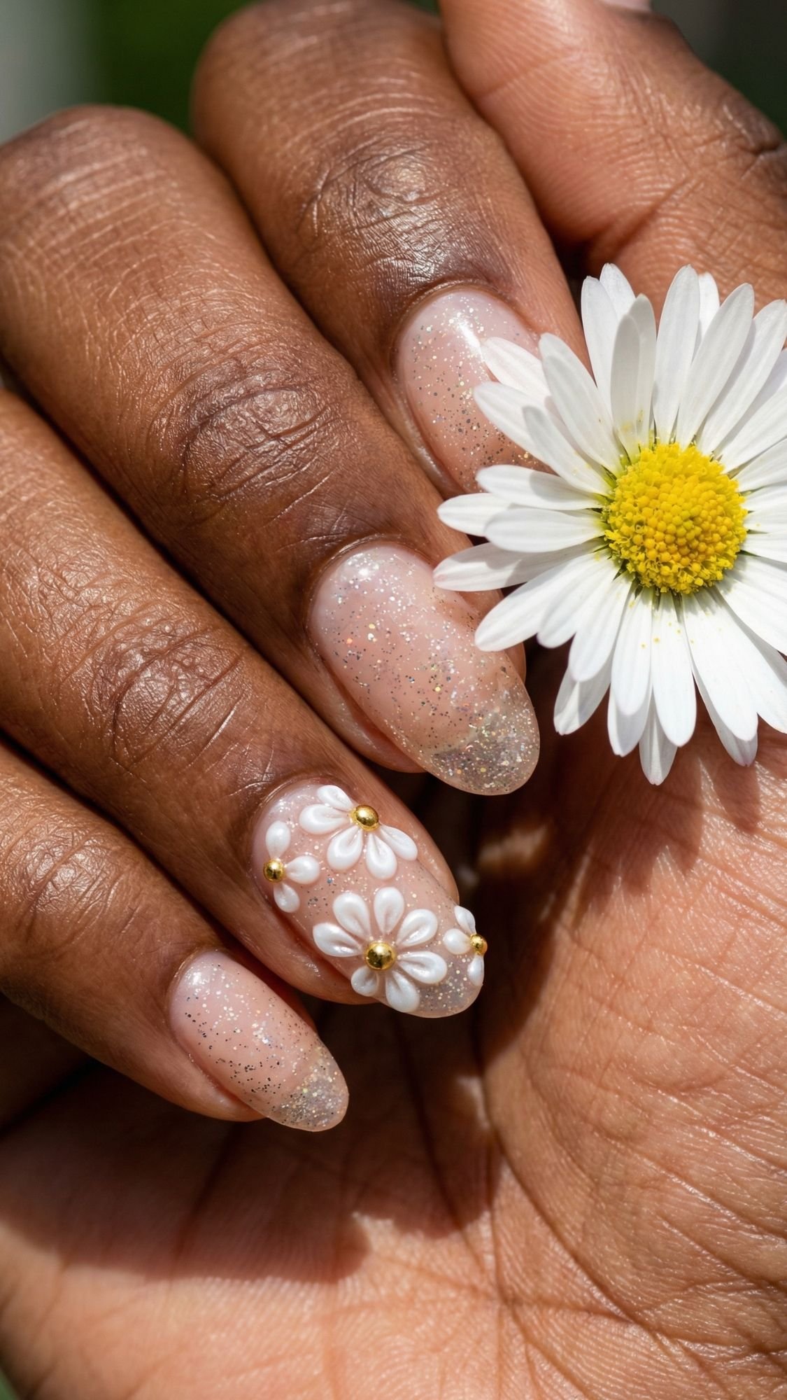 A hand with nude, glittery Sparkle Nails, two of which feature white 3D daisy nail art. The hand is holding a real white daisy flower with a yellow center—perfect inspiration for Easter Holiday Nails.
