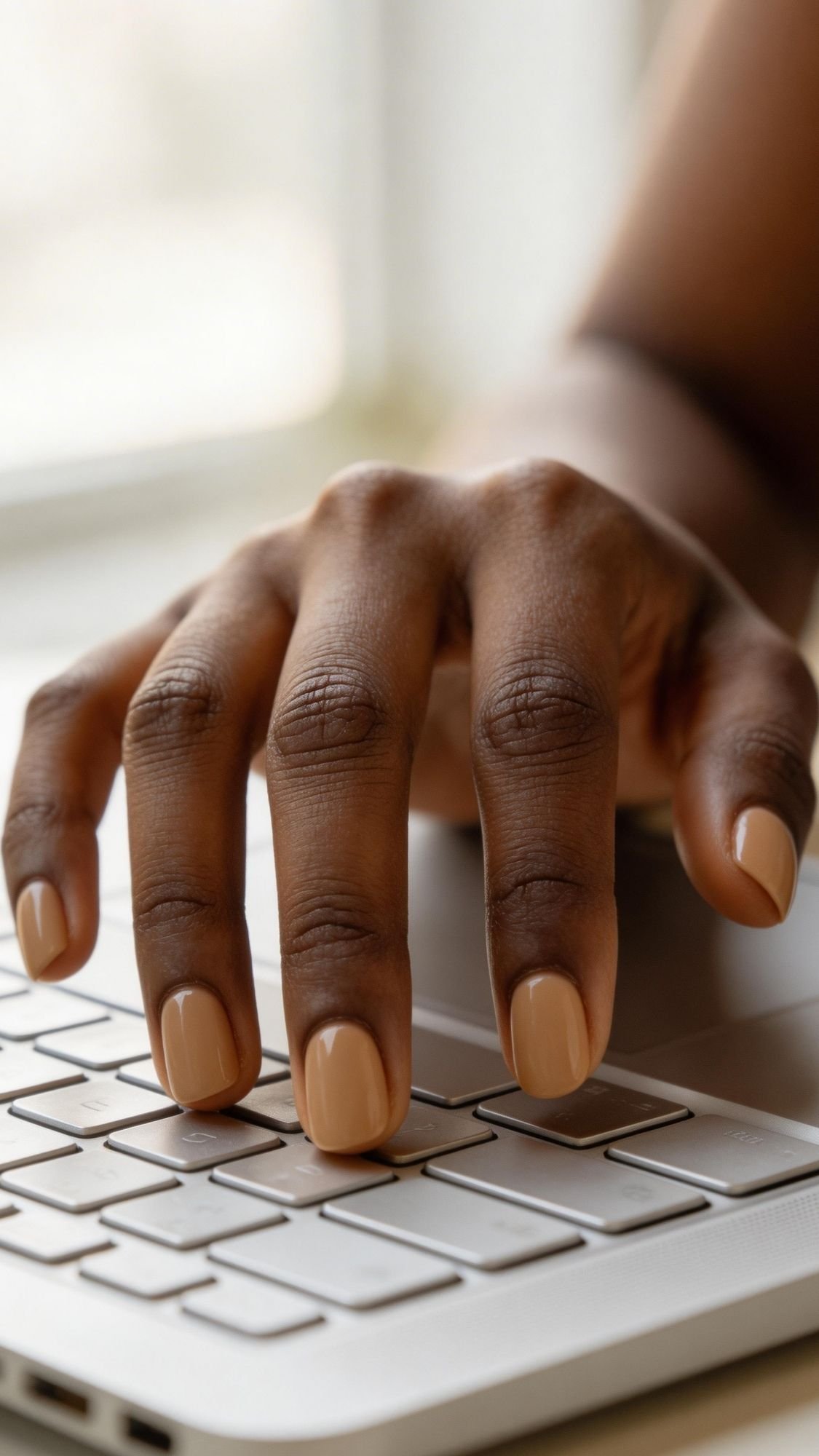 A close-up of a hand with neatly manicured, short nails in a nude shade typing on a white laptop keyboard.
