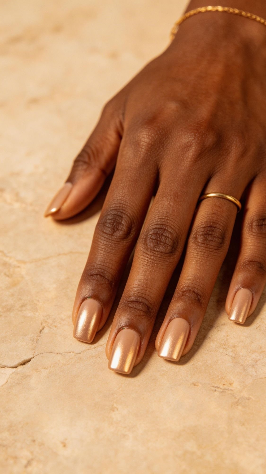 A hand with medium brown skin rests on a marble surface, showing neatly manicured chrome nails painted with metallic gold polish. The hand wears a thin gold ring on the middle finger and a delicate gold bracelet.