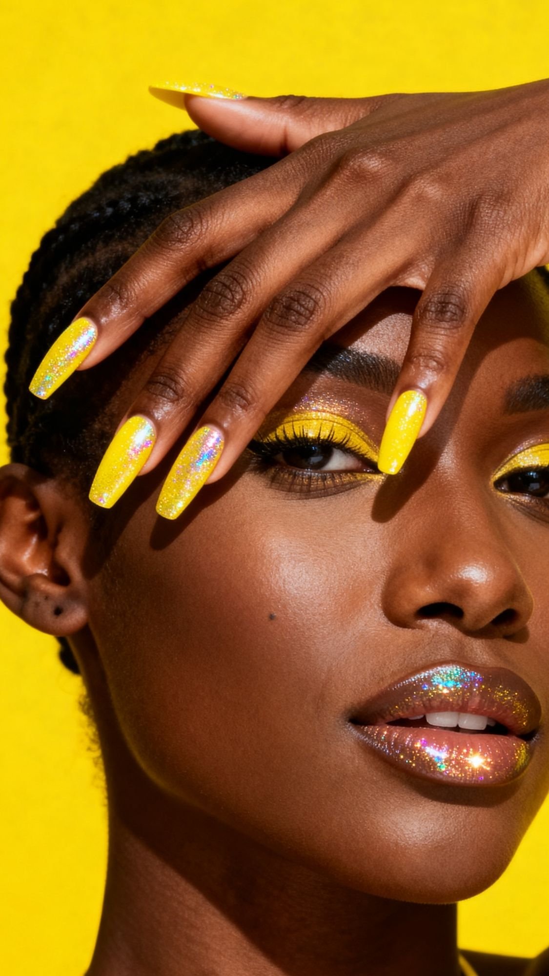 A woman with dark skin poses against a bright yellow background, flaunting yellow glittery eye makeup, glossy lips with sparkles, and long Easter Holiday Nails as she holds her hand over part of her face.