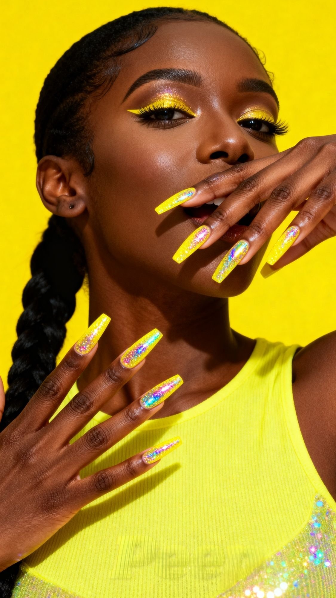 A woman poses with long, yellow, glittery sparkle nails and matching yellow eye makeup. She wears a yellow sleeveless top and holds her hands near her face against a bright yellow background.