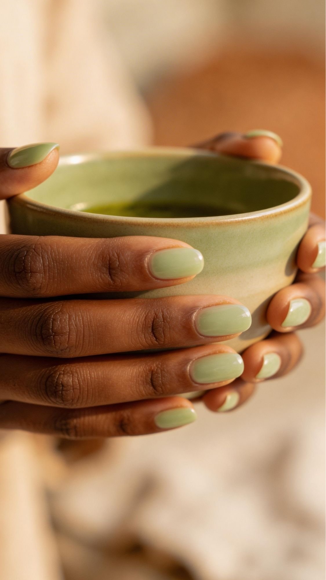 A close-up of hands with elegant nails in light green polish holding a green ceramic cup. The softly blurred background adds a warm and cozy feeling.
