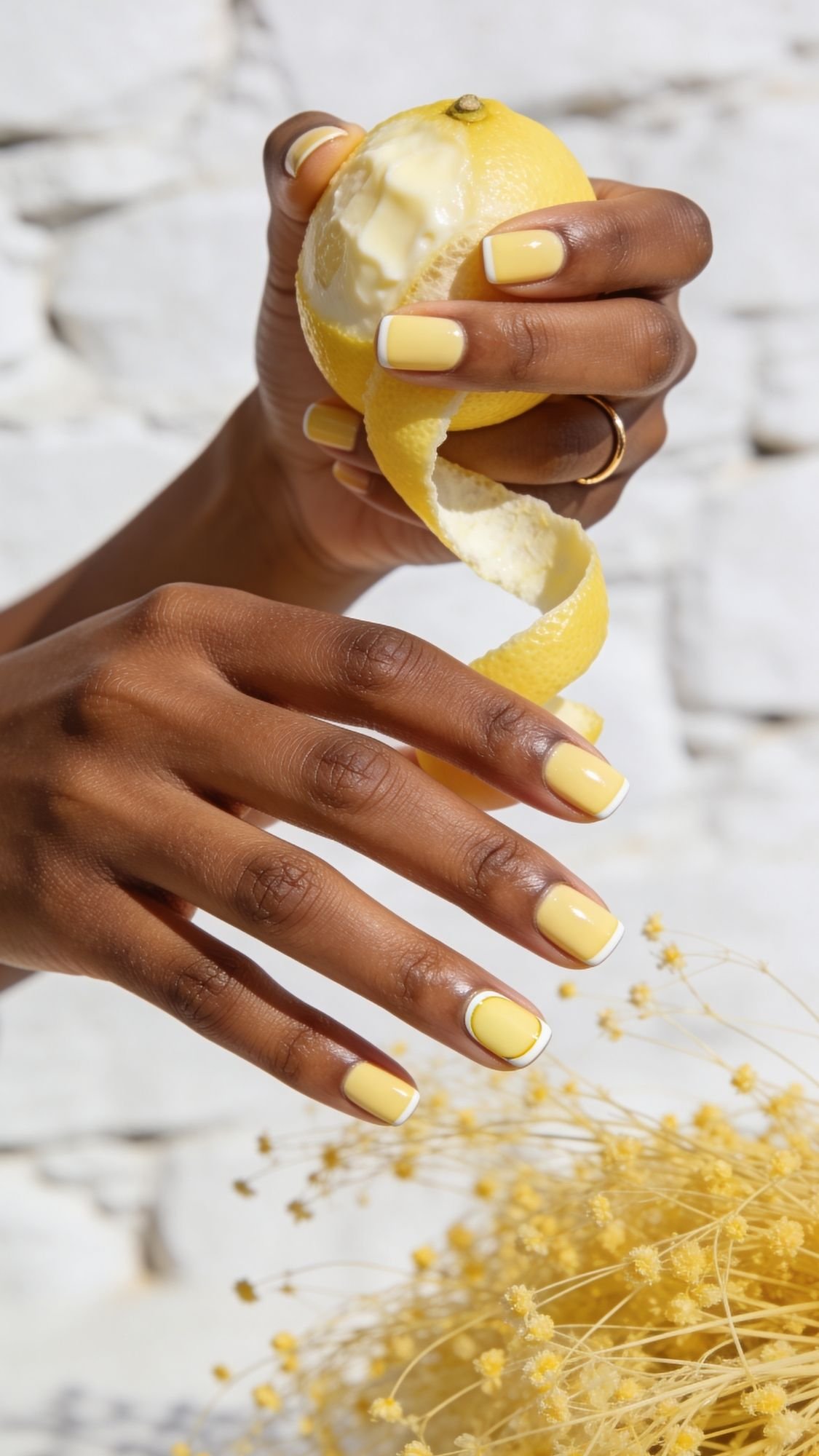 A person with neatly manicured yellow summer nails peels a lemon, with a white brick wall and yellow flowers in the background. The nails have a subtle white outline matching the lemon’s color.