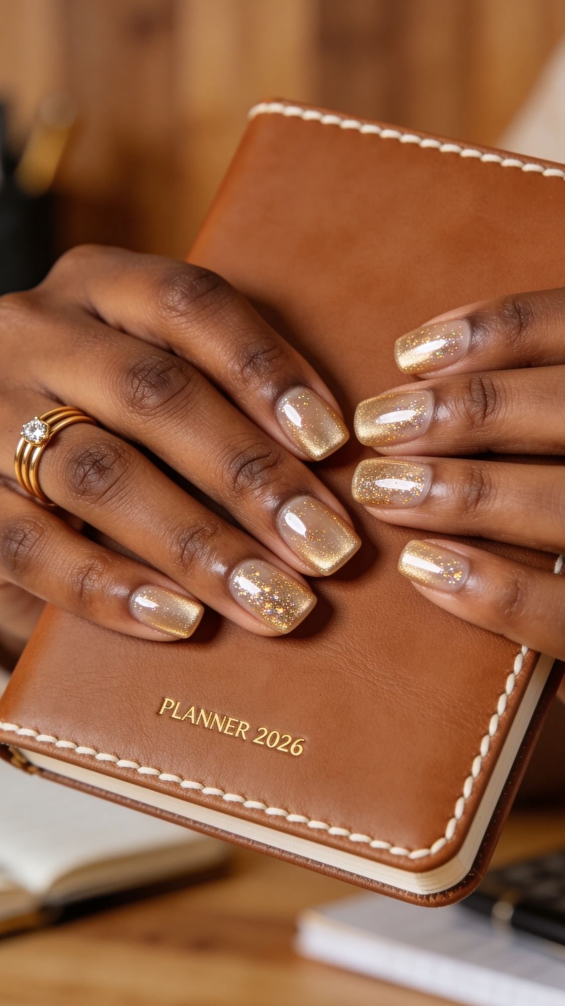 A close-up of hands with chic nails featuring gold glittery professional nail designs holds a brown leather planner labeled “PLANNER 2026.” A gold ring with a diamond adorns one finger, with a softly blurred background.
