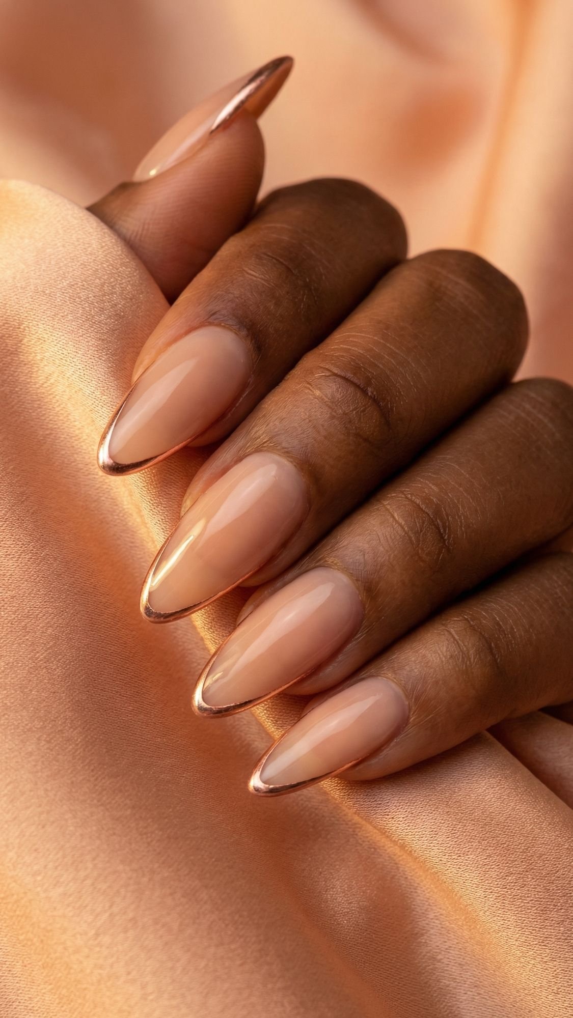 A hand with long, almond-shaped nails painted in a glossy nude shade and metallic rose gold tips, perfect for Easter Holiday Nails, resting on peach-colored satin fabric—an elegant take on holiday nail designs.