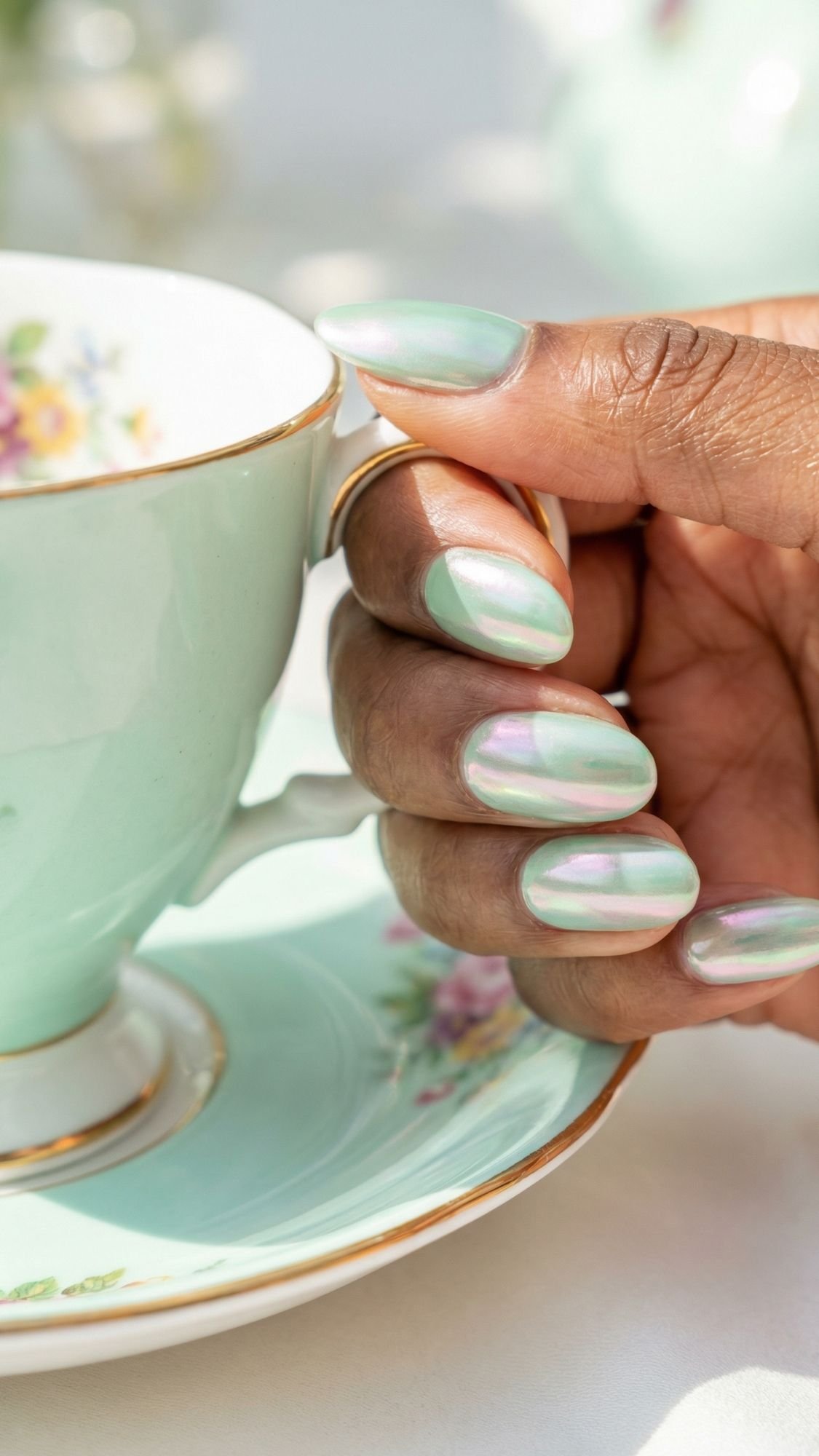 A hand with glossy, pastel green and pink iridescent Holiday Nail Designs holds a mint green teacup with gold trim and floral motifs. A matching saucer sits beneath—a charming setup perfect for Easter Holiday Nails.