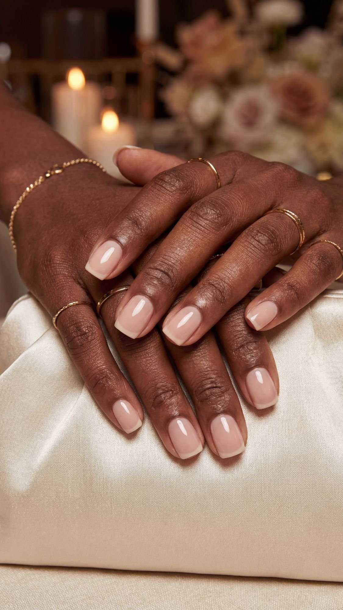 Two hands with neatly manicured, nude-colored nails rest on a white satin surface—an elegant choice for wedding guest nails. Delicate gold rings adorn the fingers, while soft lighting and blurred flowers add a romantic touch.