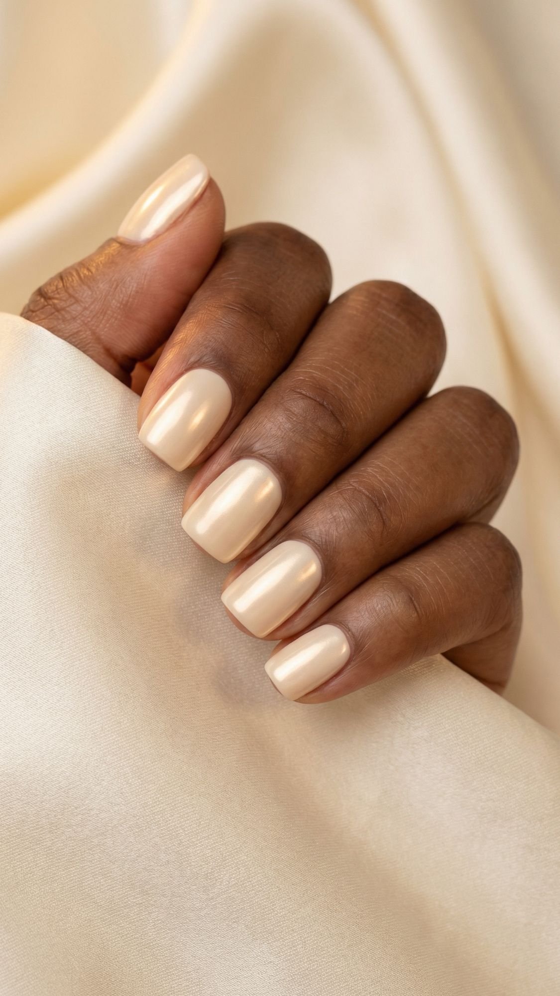 A hand with medium-dark skin tone shows neatly manicured, glossy clean girl nails in a pale nude shade, resting on soft, cream-colored satin fabric for an effortless everyday look.