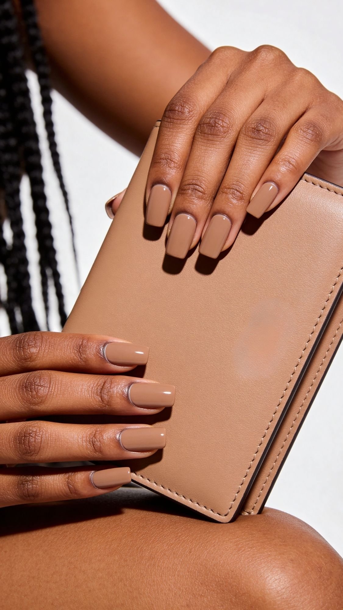 A person with long, glossy, nude-colored nails holds a tan leather wallet. The neutral background and dark braided hair complete the polished everyday look, perfect for those who love understated elegance.