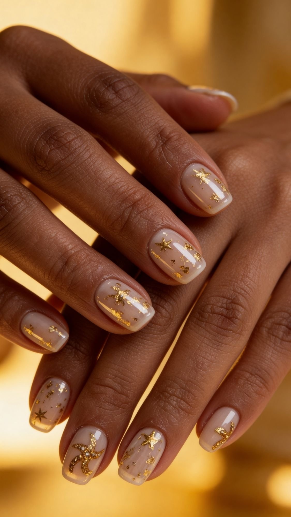 A close-up of hands with elegant, short nails featuring gold star and moon nail designs for a celestial-themed manicure. The softly blurred background glows in warm golden tones.