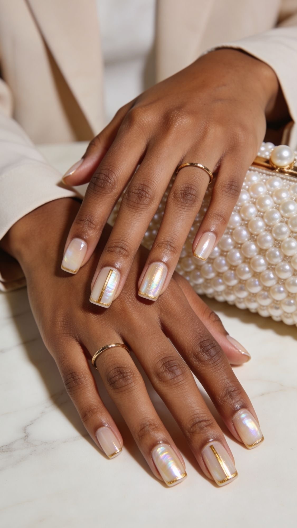 Close-up of hands with iridescent, pearl-like wedding guest nails edged in gold, wearing gold rings, and holding a pearl-studded clutch on a marble surface.