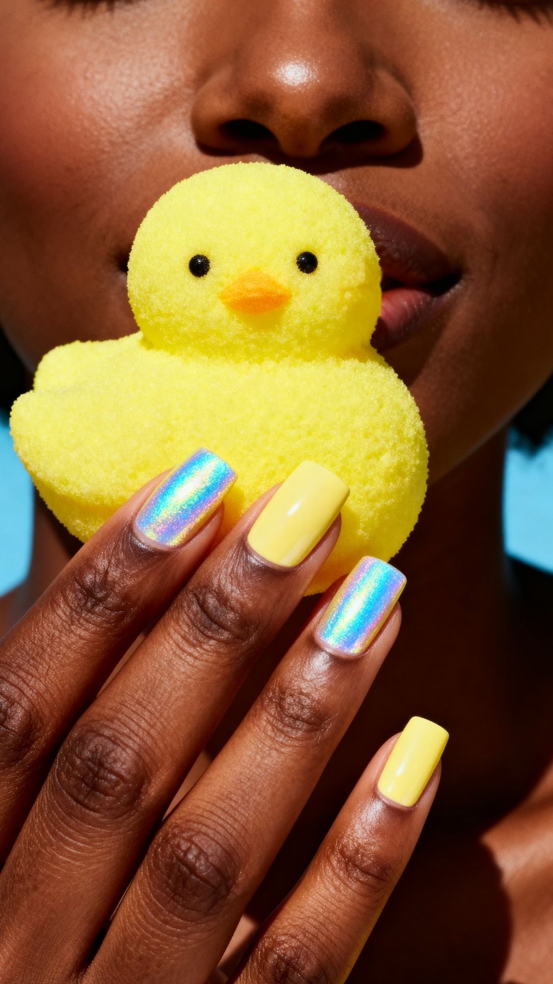 A person with shimmering, metallic yellow and blue Easter Holiday Nails holds a fluffy yellow duck toy near their face. The image highlights the hand, nails, and sparkling duck, with part of the person’s lips and chin visible.