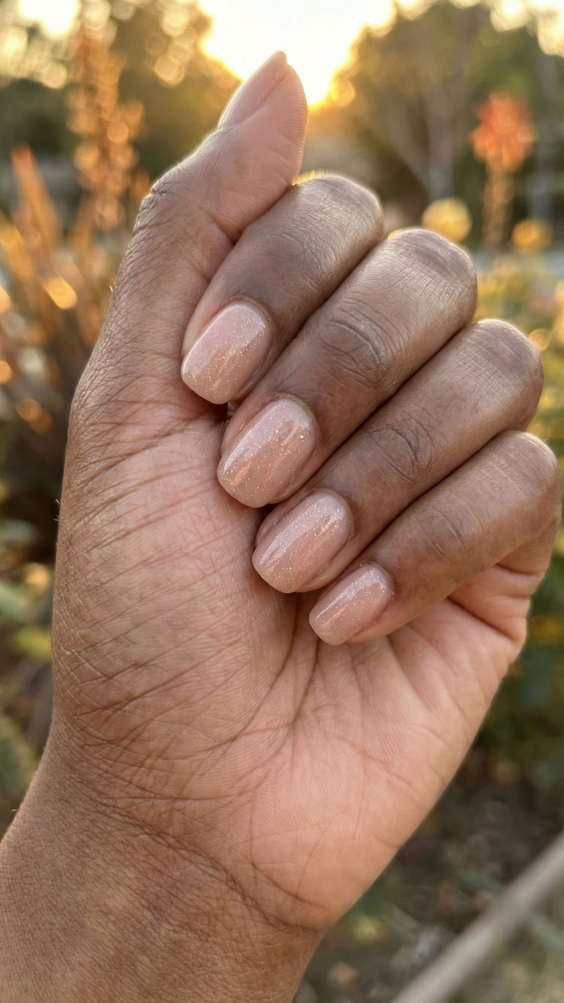 A close-up of a hand with medium brown skin, showing neatly manicured, polished nails painted with a shimmery nude polish. The background is softly blurred with sunlight and greenery, perfect for an effortless clean girl nails look.