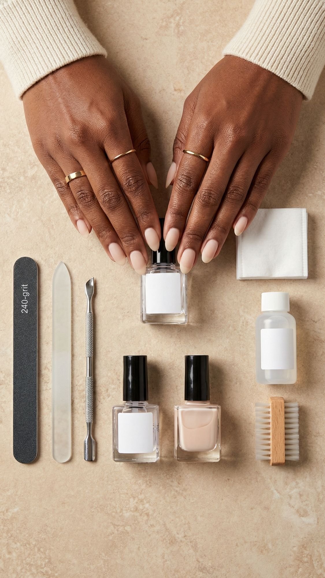 A person’s hands with a neat nude manicure and flattering almond nails are placed on a beige surface. Surrounding the hands are nail care items: a nail file, cuticle pusher, buffer, three nail polishes, brush, small bottle, and cotton pad.