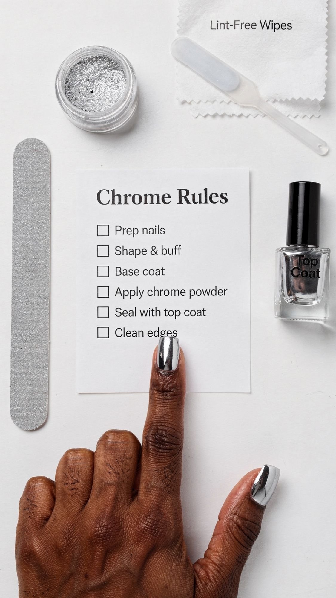 A hand with chrome-finished nails points to a checklist titled Chrome Rules, surrounded by shiny manicure tools, chrome powder, a nail file, top coat bottle, cuticle pusher, and a lint-free wipe on a white surface.