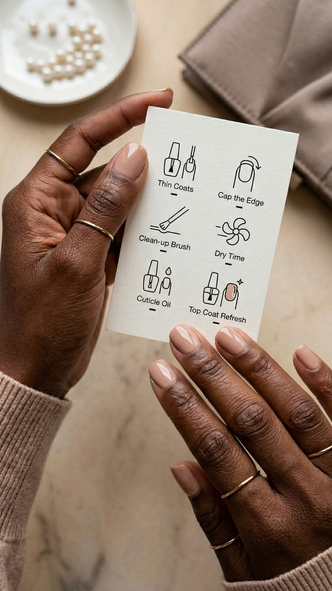 A person with manicured nude nails holds a card with six illustrated nail care tips, perfect for wedding guest nails, including applying thin coats, capping the edge, cleaning the brush, using cuticle oil, drying time, and refreshing the top coat.