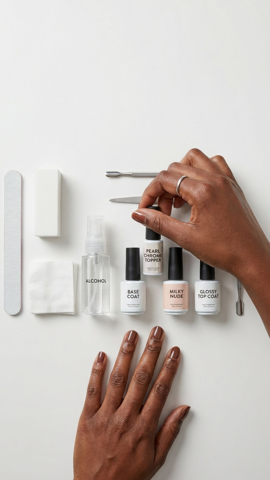 A person’s hands with manicured, light catching nails are shown arranging nail care tools and products, including nail polishes, a nail file, buffer, cuticle tools, and a small bottle of alcohol on a white surface.