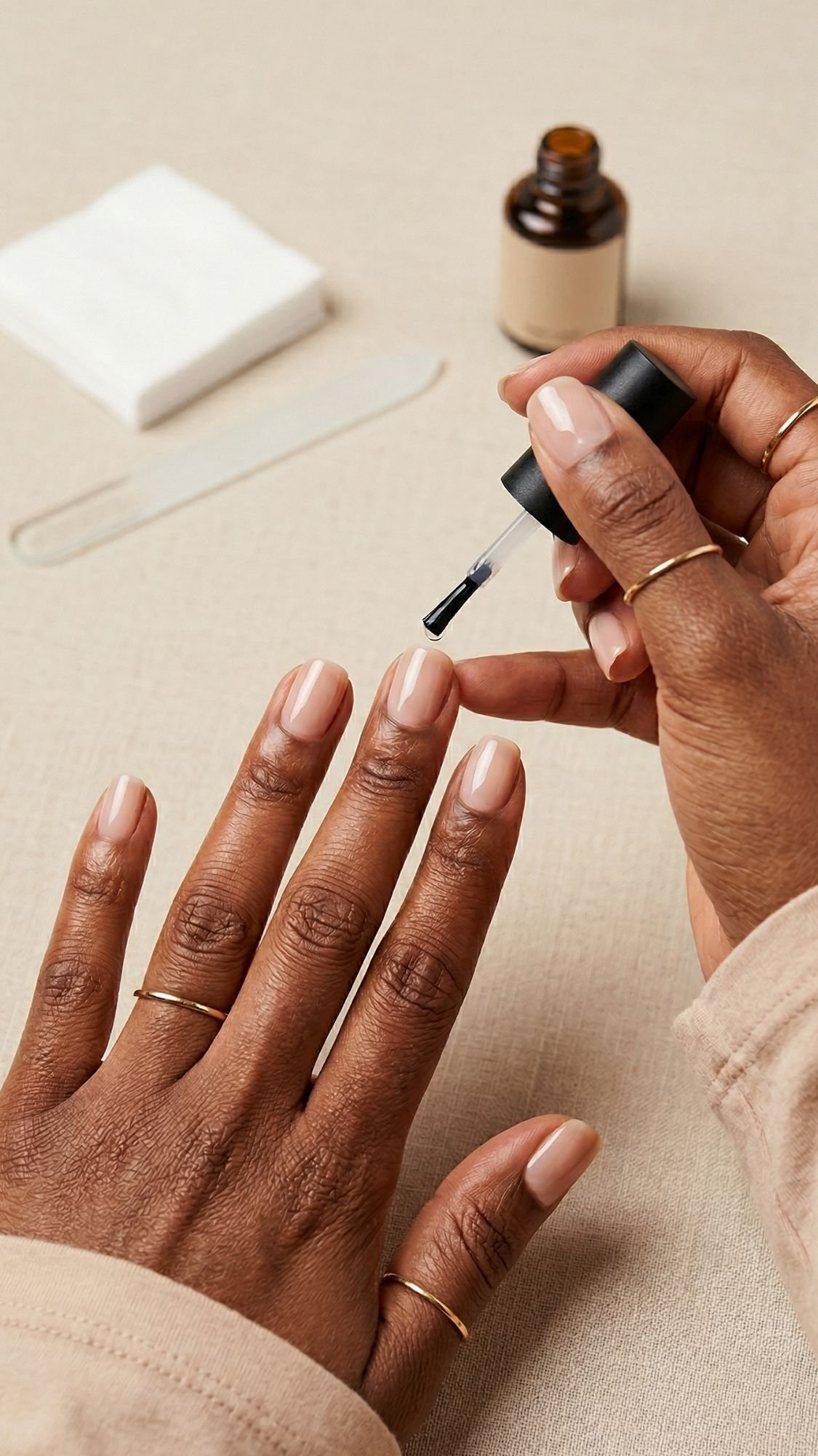 A person applies nude nail polish to their fingernails, wearing gold rings on several fingers. Perfect for wedding guest nails, a nail file, cotton pads, and an open polish bottle rest on a beige surface in the background.