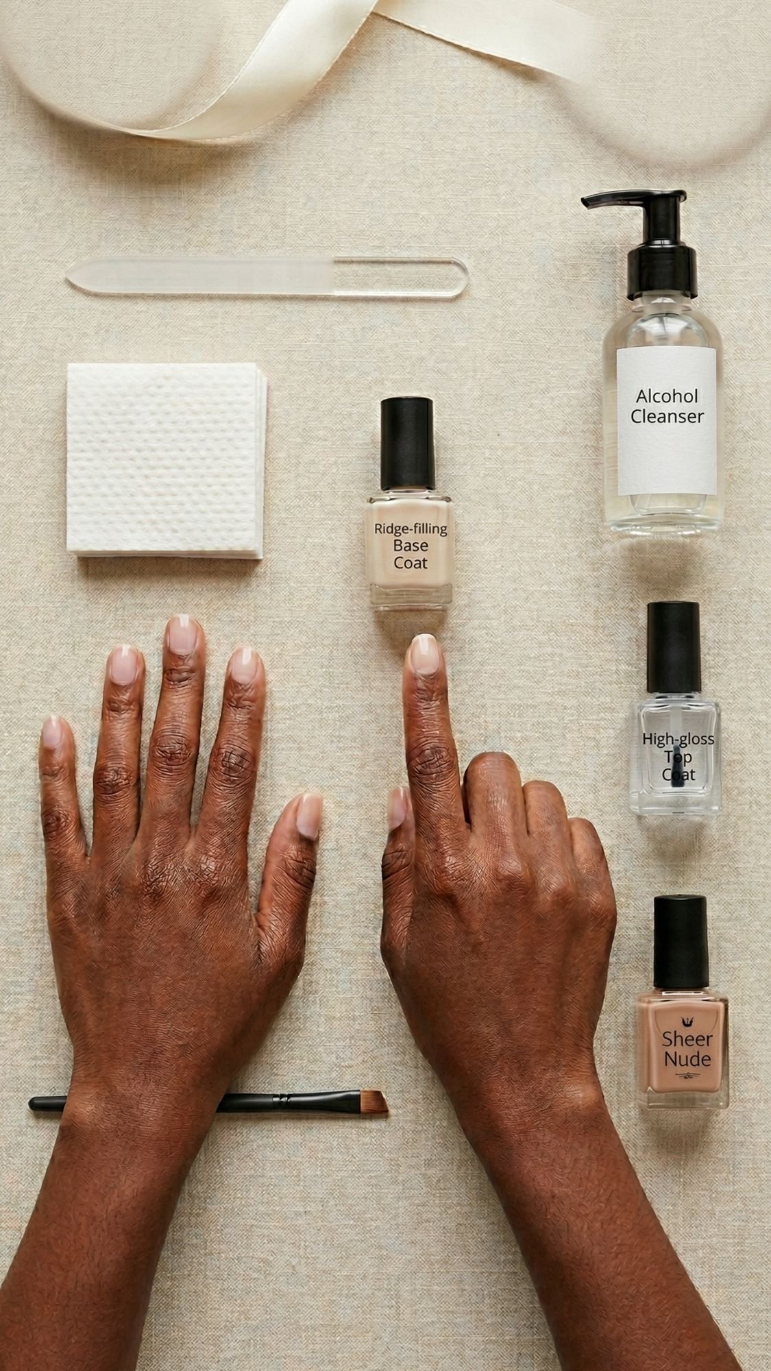 A person points at a bottle labeled Ridge-Filling Base Coat, surrounded by nail care items—perfect for prepping nails or creating flawless wedding guest nails—arranged neatly on a beige surface.