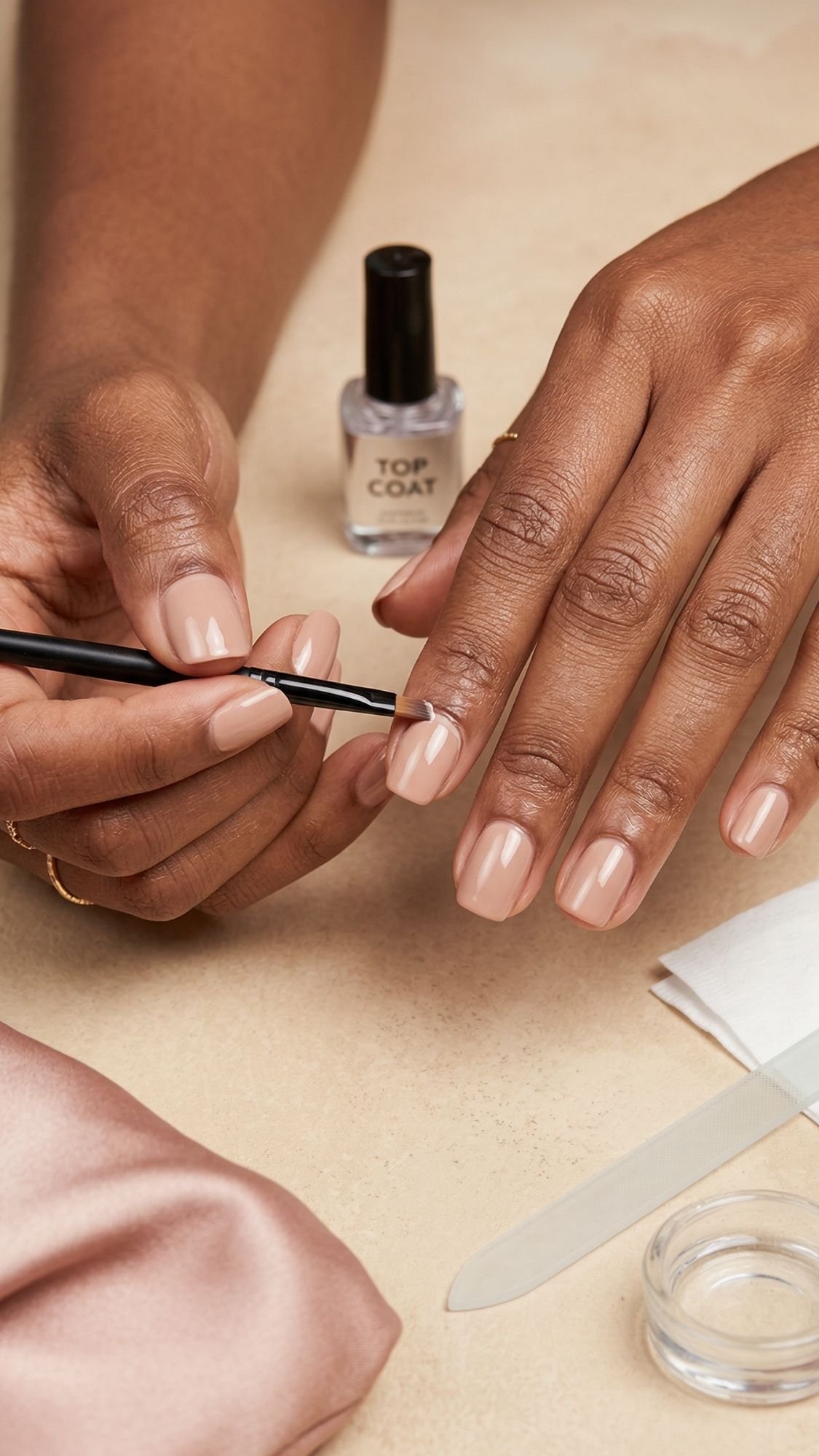 A person applies a clear top coat to their neatly manicured wedding nails using a brush. A bottle of top coat, a nail file, and a small bowl are nearby on a beige surface.