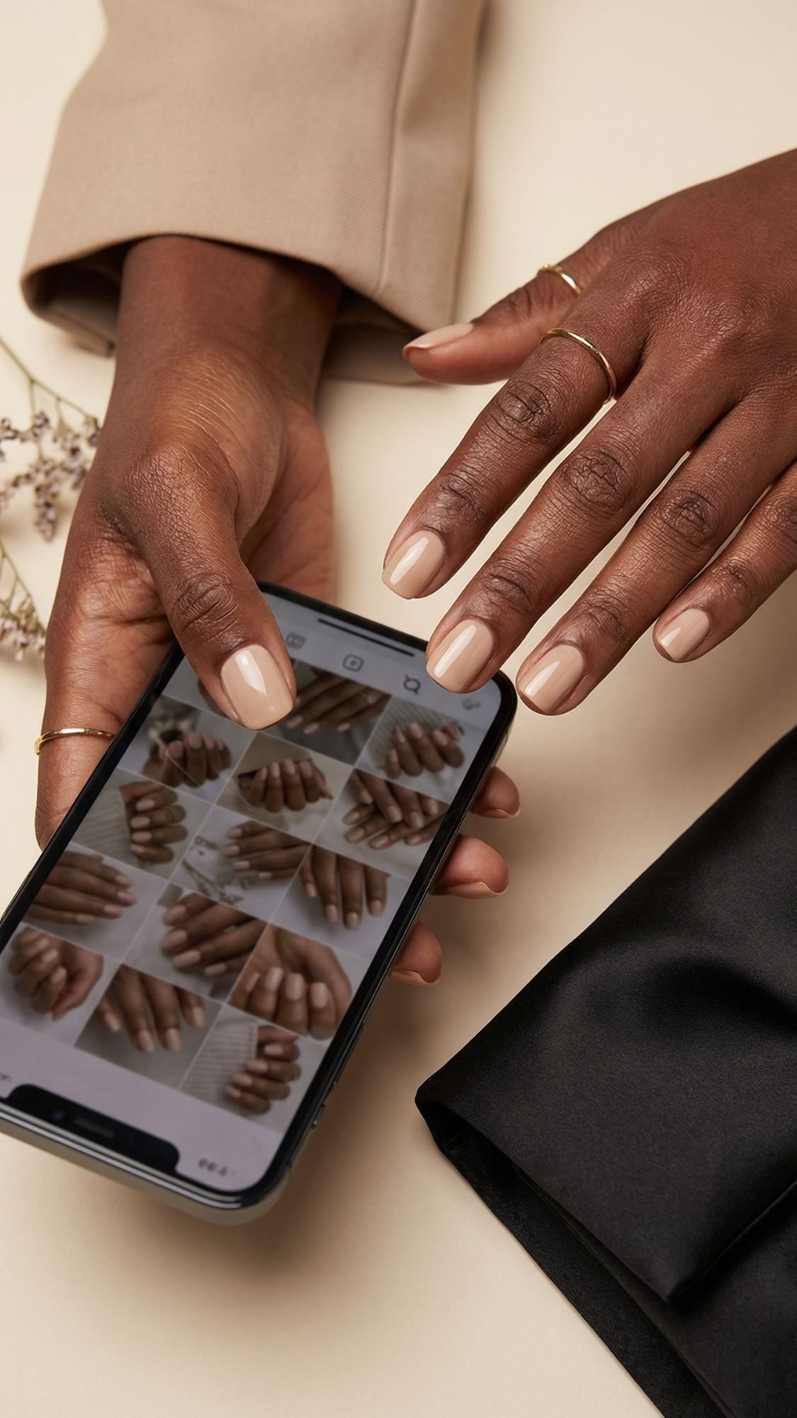A person with neatly manicured nude-colored nails—perfect wedding guest nails—holds a smartphone displaying similar manicures. Jewelry and black fabric are partially visible nearby on a cream surface.