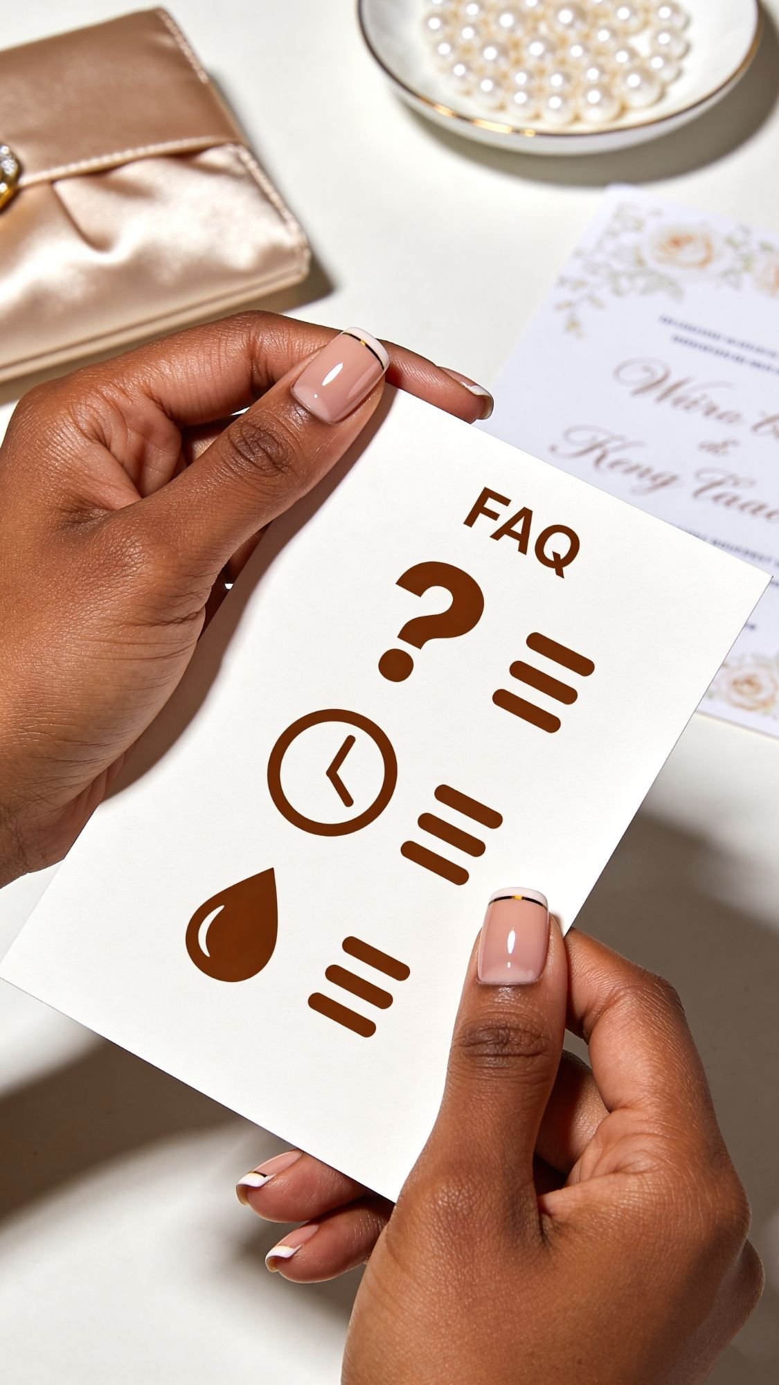 A person with manicured wedding guest nails holds a card labeled FAQ with icons of a question mark, clock, and droplet. A beige clutch, pearl dish, and floral card are on the table in the background.