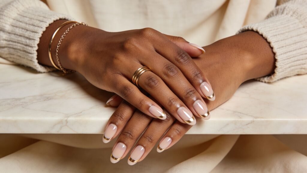 A person’s hands rest on a marble surface, showing manicured almond nails with a nude base and gold tips. The person wears gold rings and bracelets, and a cream-colored, ribbed long-sleeve top for a flattering nails look.