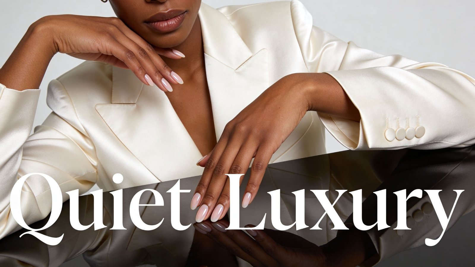 A person with elegant nails wearing a white blazer rests their hand on a glossy black surface. The text Quiet Luxury is overlaid in large, stylish letters.