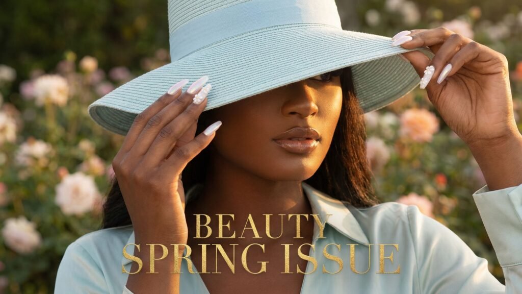 A woman in a light blue hat and shirt stands in a garden with blooming flowers, touching the brim of her hat and partially shading her face. Her nails sparkle with Easter Holiday Nails. The text BEAUTY SPRING ISSUE appears at the bottom.
