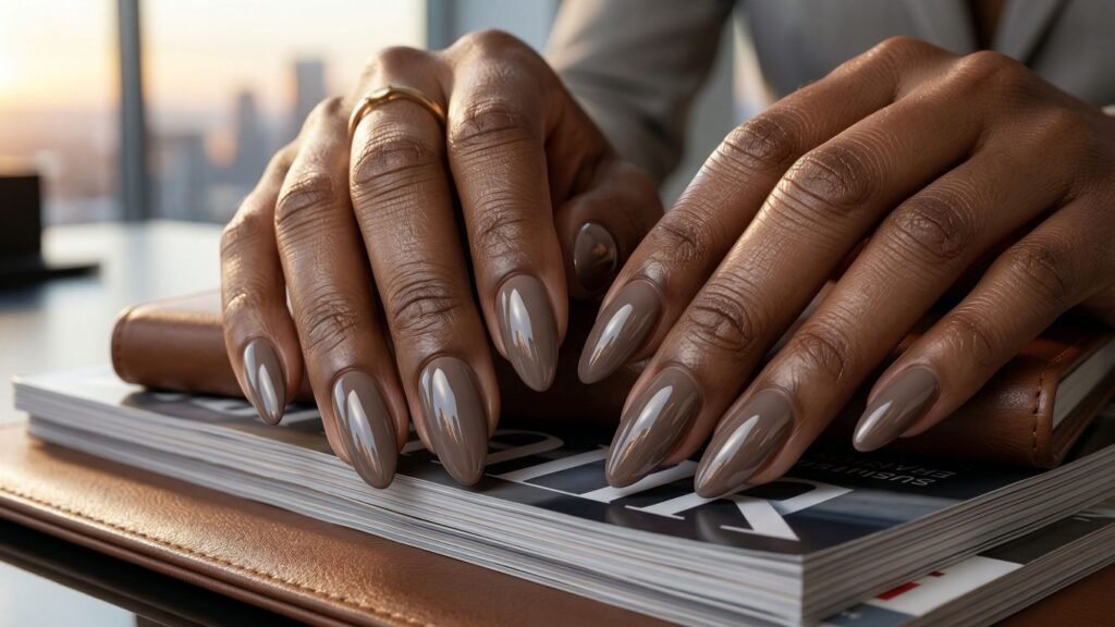 A close-up of hands with long, glossy taupe chic nails resting on a stack of magazines and a brown leather notebook, with a cityscape visible through the window in the background.
