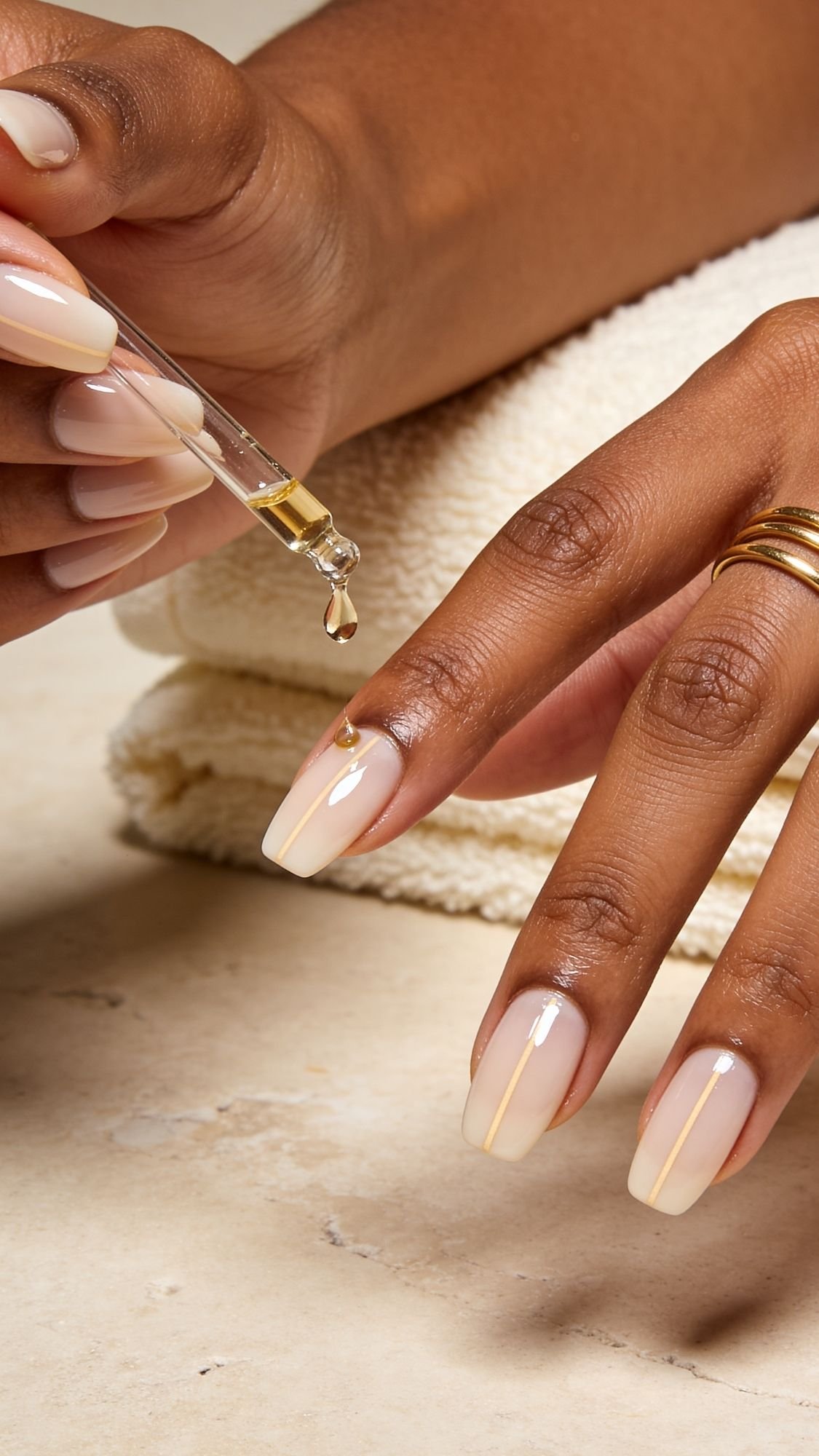 A hand with manicured almond nails is having cuticle oil applied from a dropper. The nails feature a nude shade with thin gold lines, showing off flattering nail designs. Another hand, wearing gold rings, rests nearby on a rolled towel.