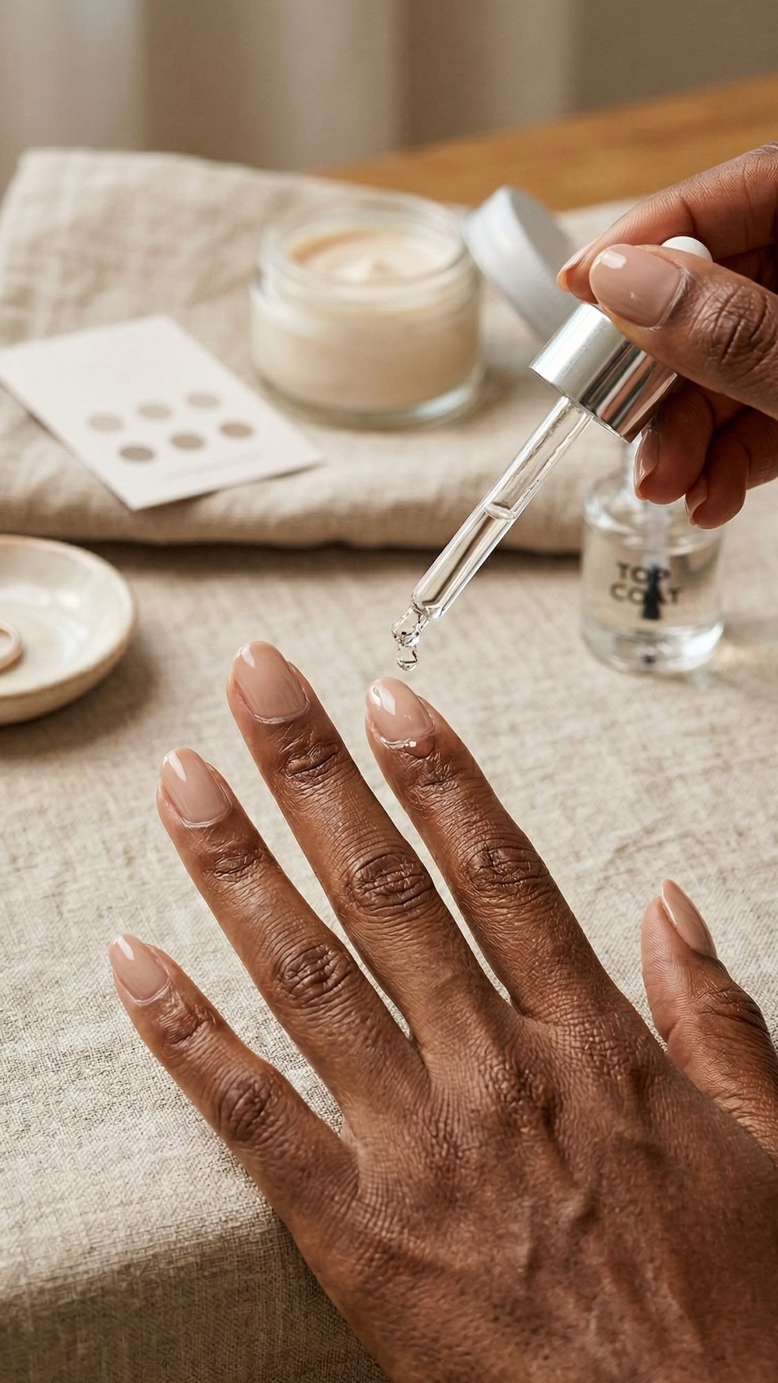 A person applies a drop of serum or oil to their fingernails—perfect wedding guest nails or nails for any dress. Their hand rests on beige fabric, with a jar of cream, a small dish, and a bottle in the background.
