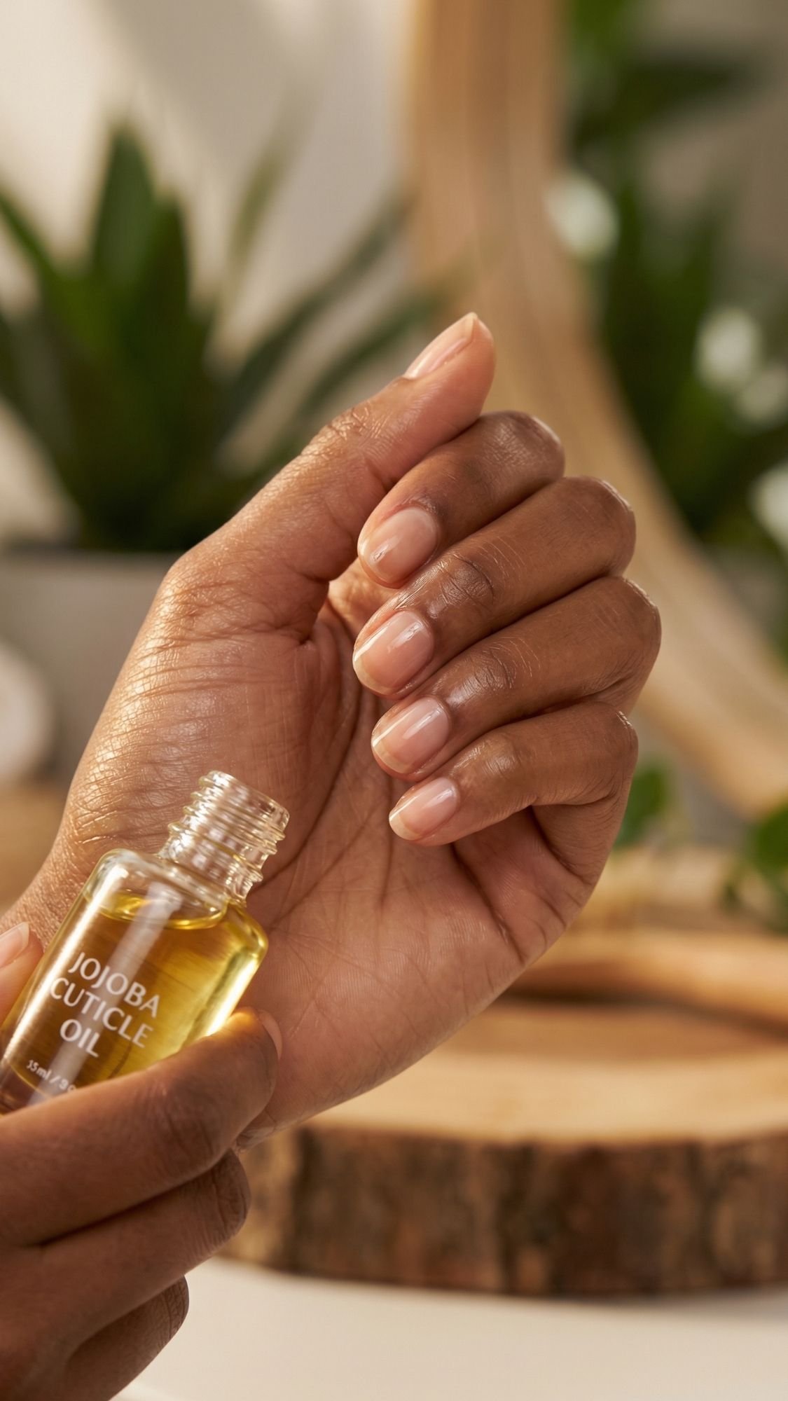 A hand with neatly manicured Easter Holiday Nails holds a small open bottle labeled Jojoba Cuticle Oil, with green plants and a wooden surface blurred in the background.