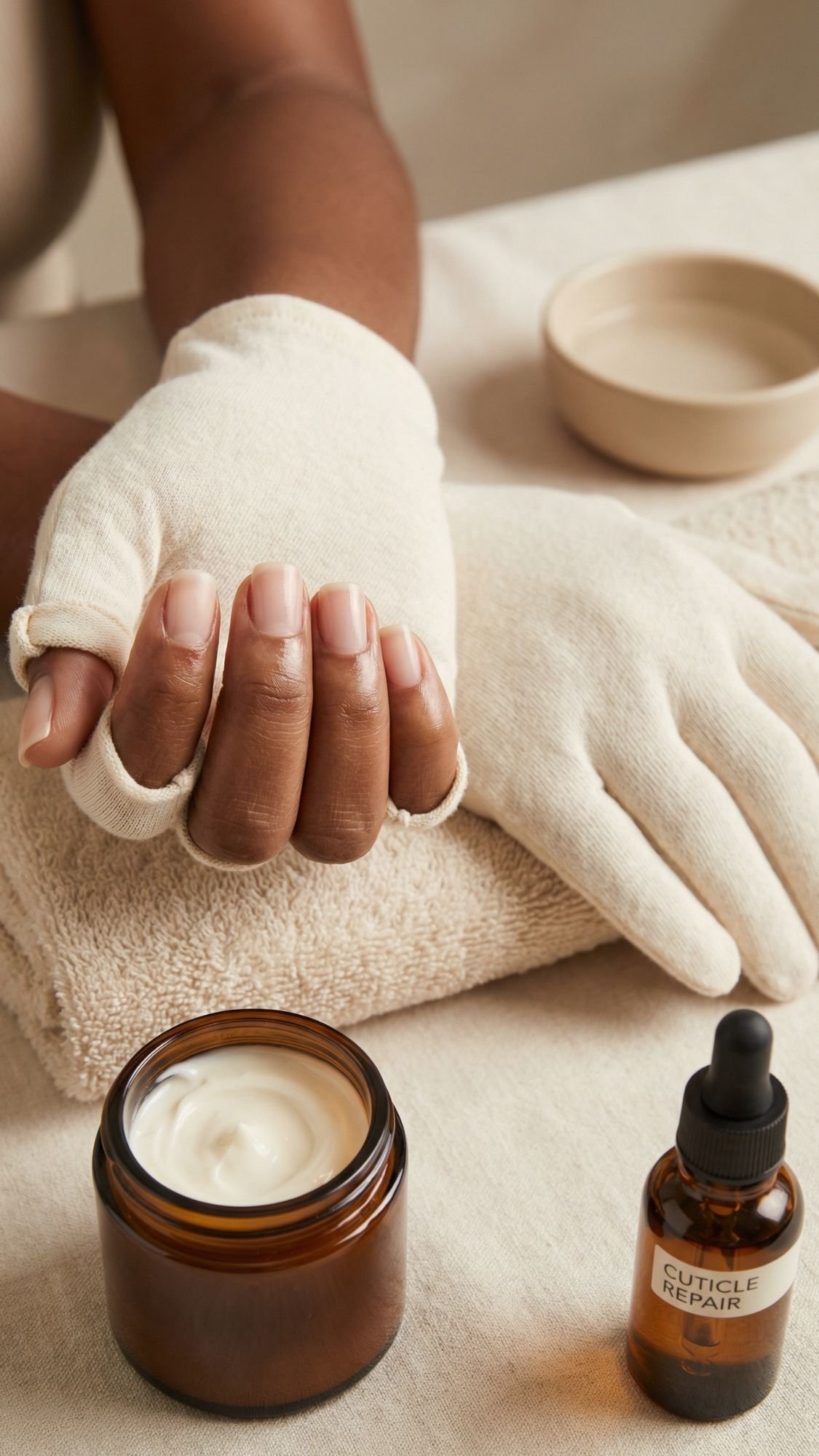 A person wearing fingerless gloves rests their hand on a beige towel next to a jar of cream and a bottle labeled Cuticle Repair, suggesting wedding nail ideas or nails for any dress as part of a chic hand care or manicure routine.