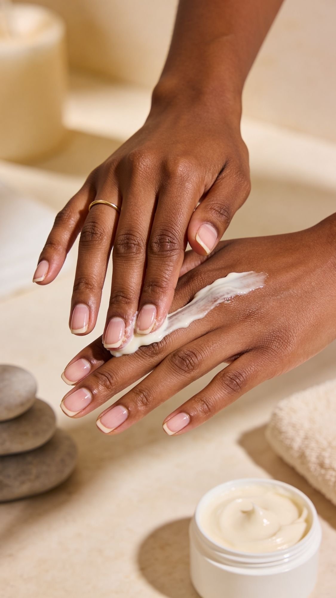 A person gently applies a creamy lotion to the back of their hand, showing off chic summer nails. Nearby are stacked smooth stones, a towel, and an open jar of cream on a beige surface, creating a soothing spa-like atmosphere.