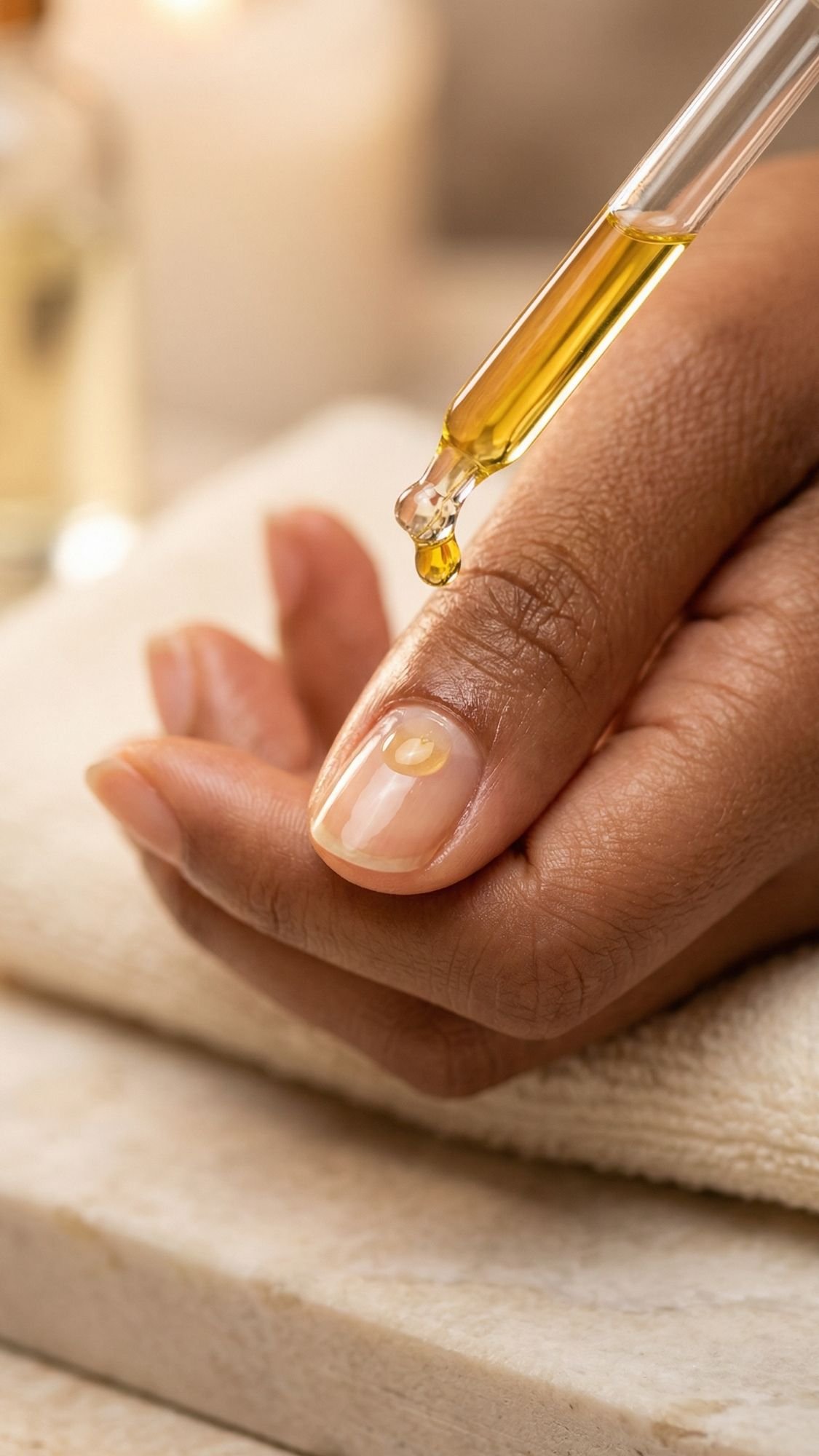 A close-up of a hand with Clean Girl Nails resting on a towel as a dropper applies oil onto a fingernail, suggesting nail care or a Polished Everyday Look.