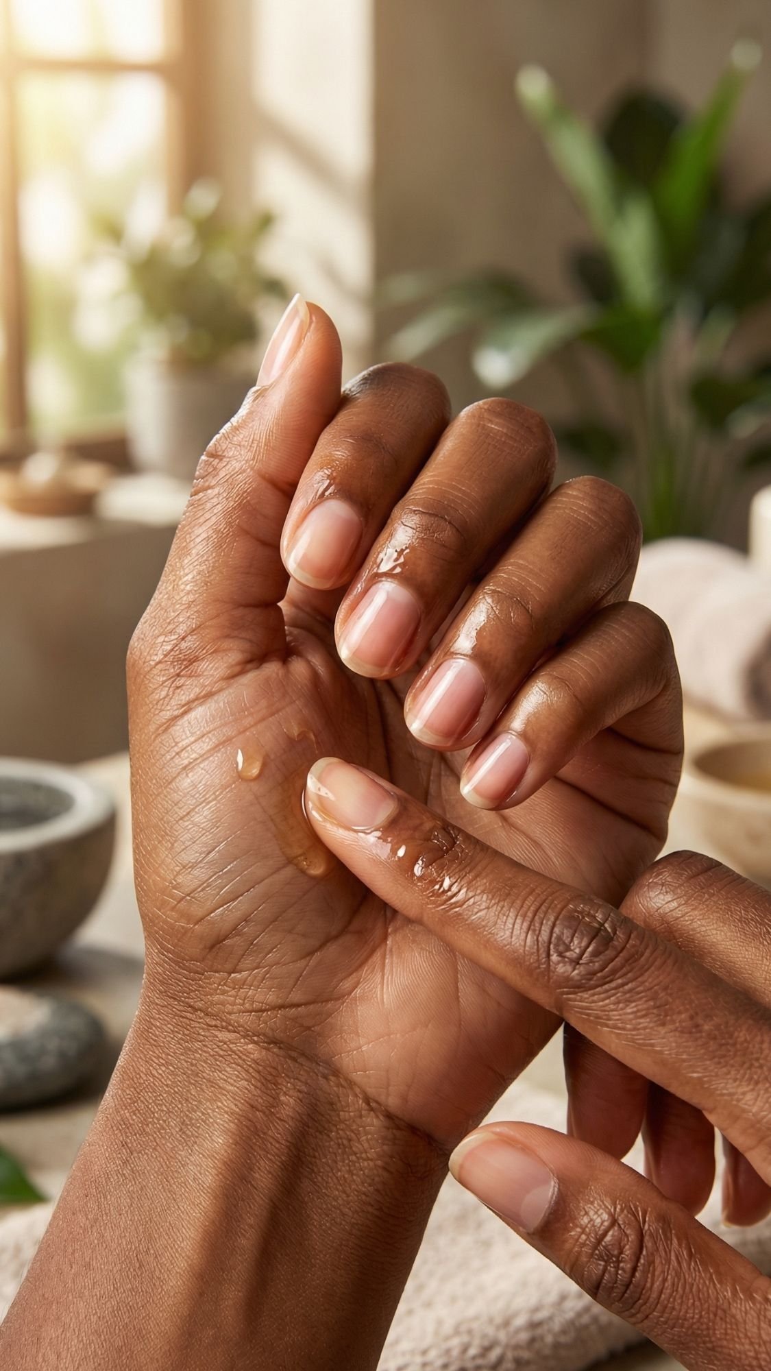 A close-up of a person with elegant nails applying oil or serum onto the palm of their hand with their finger, with natural light and green plants in the blurred background.