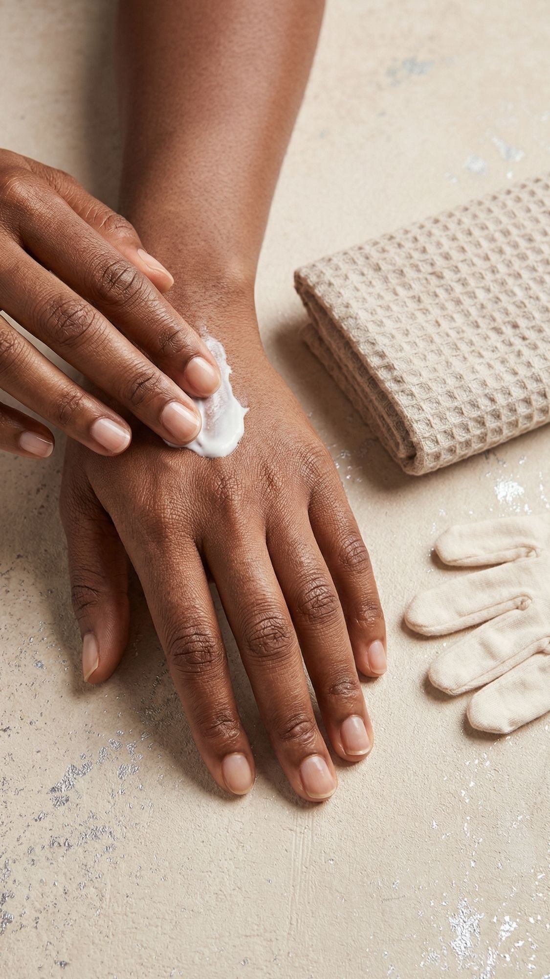 A person applies lotion to the back of their hand, with a folded textured towel and a pair of light-colored gloves nearby—perfect prep before snapping a selfie to show off fresh chrome nails on a neutral surface.